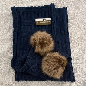 Something Special Navy Scarf with Faux Fur Pom Poms